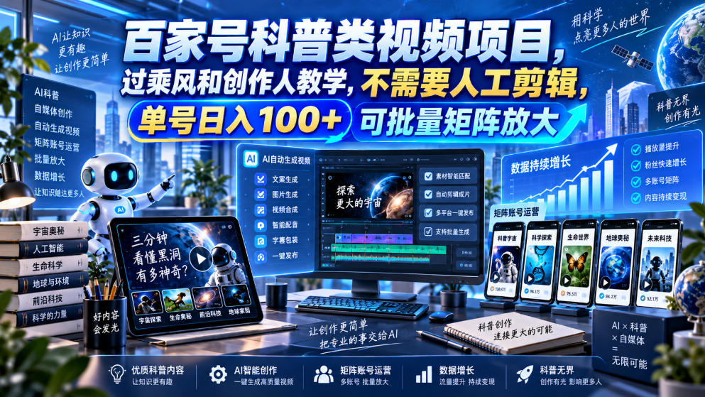 百家号科普类视频项目，过乘风和创作人教学，不需要人工剪辑，单号日入100+可批量矩阵放大-副业网