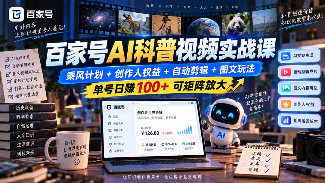 图片[2]-百家号AI科普视频实战课：乘风计划+创作人权益+自动剪辑+图文玩法，单号日赚100+可矩阵放大-副业网