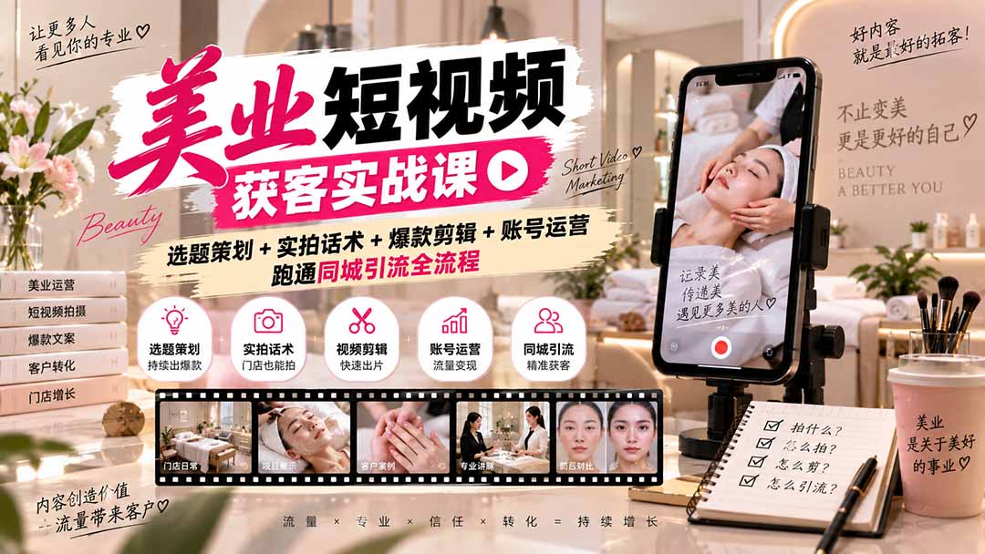 美业短视频获客实战课-无水印:选题策划+实拍话术+爆款剪辑+账号运营,跑通同城引流全流程-副业网