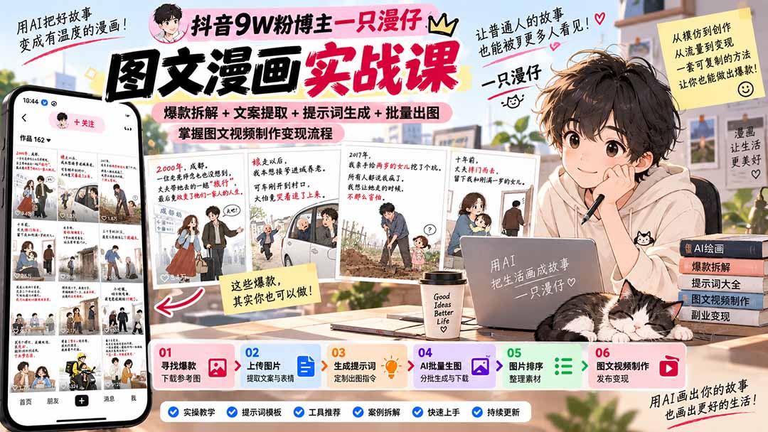 抖音9W粉博主一只漫仔图文漫画课：爆款拆解+文案提取+提示词生成+批量出图，掌握图文视频制作变现流程-副业网