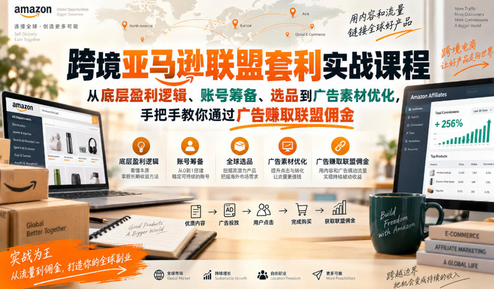 跨境亚马逊联盟套利实战课程，从底层盈利逻辑、账号筹备、选品到广告素材优化，手把手教你通过广告賺取联盟佣金-副业网