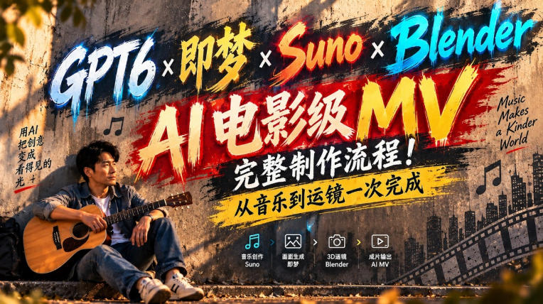 GPT6×即梦×Suno×Blender｜AI电影级MV完整制作流程！从音乐到运镜一次完成！-副业网