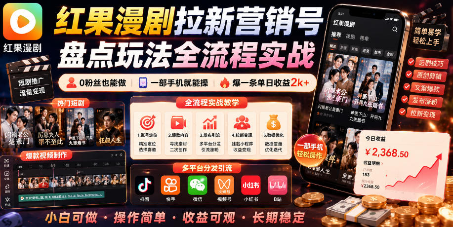 红果漫剧拉新营销号盘点玩法全流程实战，0粉丝也能做，一部手机就能做，爆一条单日收益2k+(更新0922)-副业网