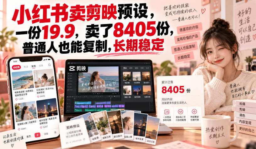 小红书卖剪映预设，一份19.9，卖了8405份，普通人也能复制，长期稳定-副业网