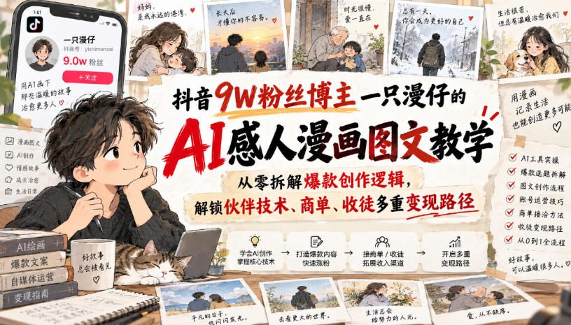抖音9W粉丝博主一只漫仔的AI感人漫画图文教学，从零拆解爆款创作逻辑，解锁伙伴技术、商单、收徒多重变现路径-副业网