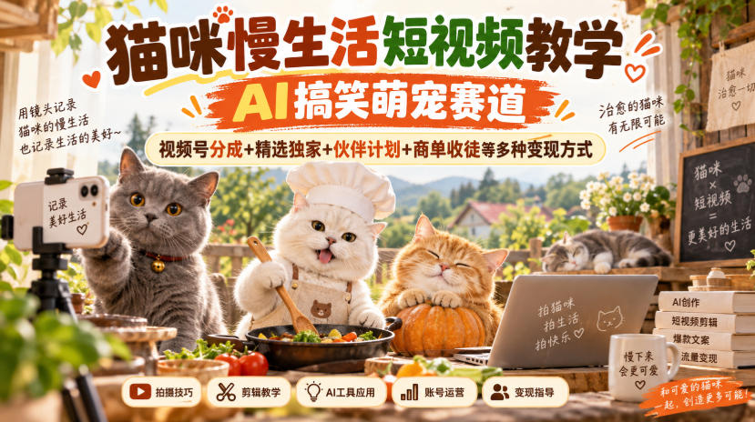 猫咪慢生活短视频教学，AI搞笑萌宠赛道，视频号分成+精选独家+伙伴计划+商单收徒等多种变现方式-副业网