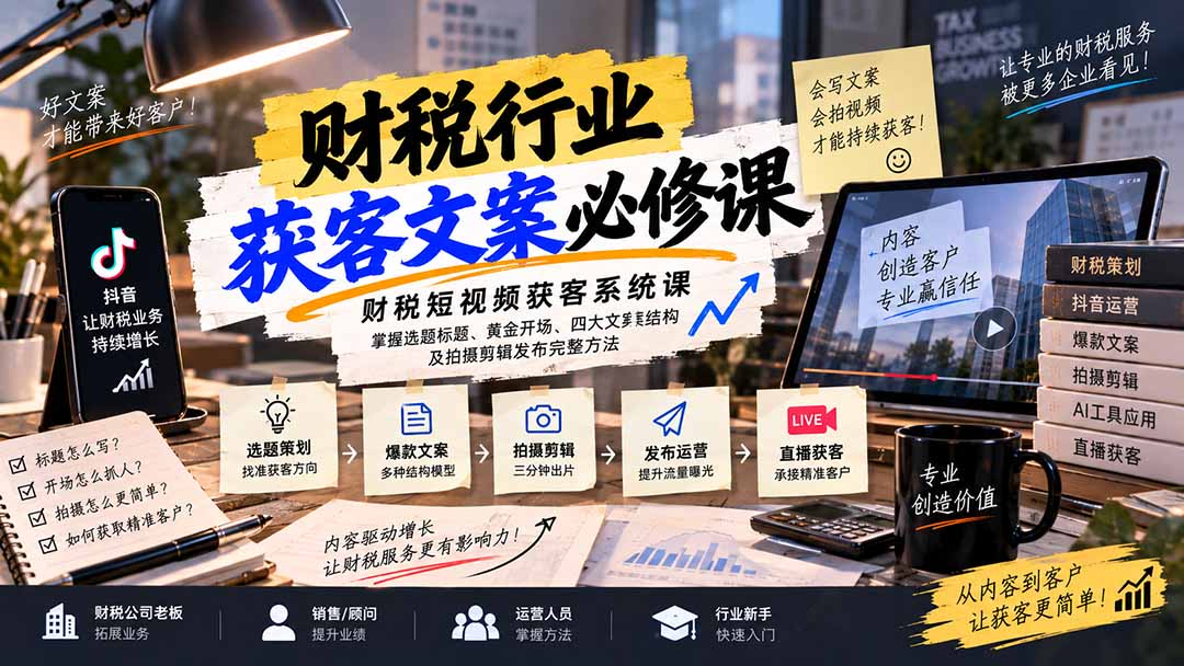 财税短视频获客系统课：掌握选题标题、黄金开场、四大文案结构及拍摄剪辑发布完整方法-副业网