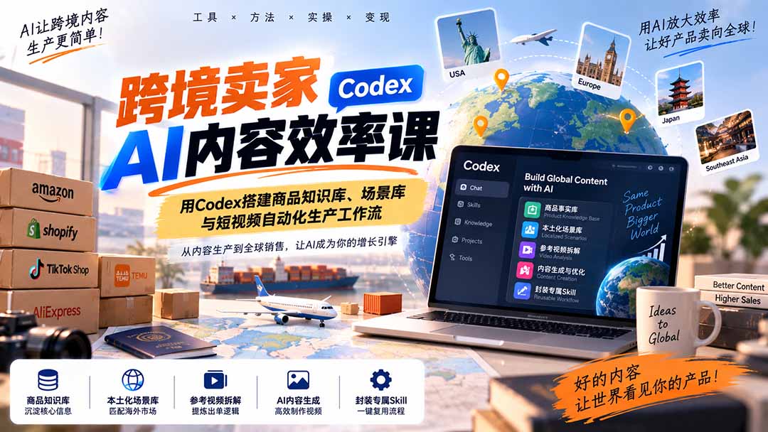 图片[2]-跨境卖家AI内容效率课：用Codex搭建商品知识库、场景库与短视频自动化生产工作流-副业网