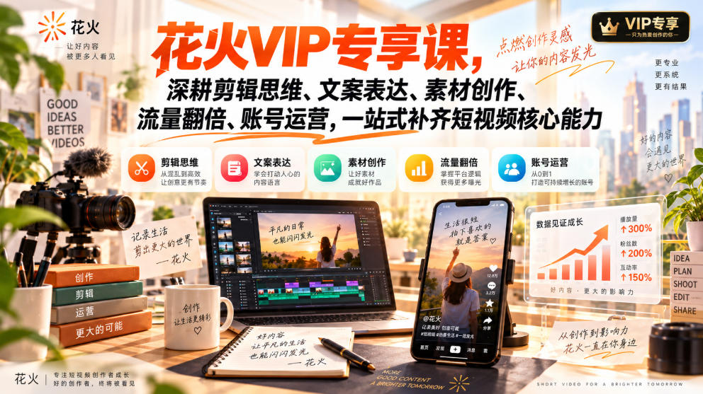 花火VIP专享课，深耕剪辑思维、文案表达、素材创作、流量翻倍、账号运营，一站式补齐短视频核心能力-副业网