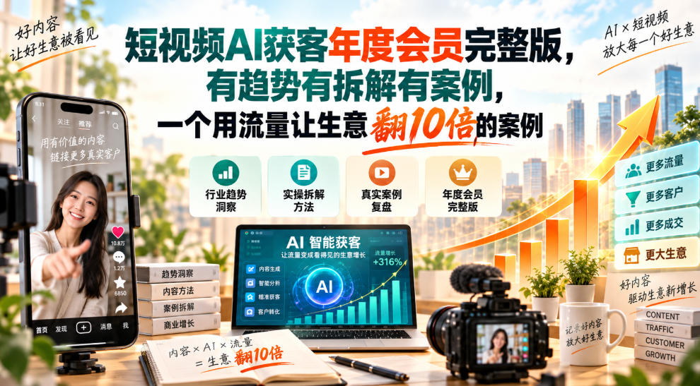 短视频AI获客年度会员完整版，有趋势有拆解有案例，一个用流量让生意翻10倍的案例-副业网