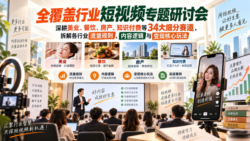 短视频专题研讨会，深耕美业、餐饮、房产、知识付费等34大细分赛道，拆解各行业流量规则、内容逻辑与变现核心玩法-副业网