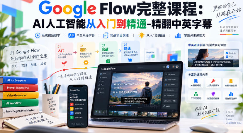 【无水印】Google Flow完整课程：AI人工智能从入门到精通-精翻中英字幕-副业网