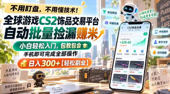 全球游戏CS2饰品交易平台自动批量捡漏賺米，小白轻松入门，包教包会，手机即可完成全部操作，日入300+【揭秘】-副业网