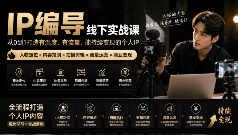 【无水印】IP编导线下实战课，从人物定位到短视频拍摄剪辑，全流程打造有温度、有流量、能持续变现的个人IP内容-副业网