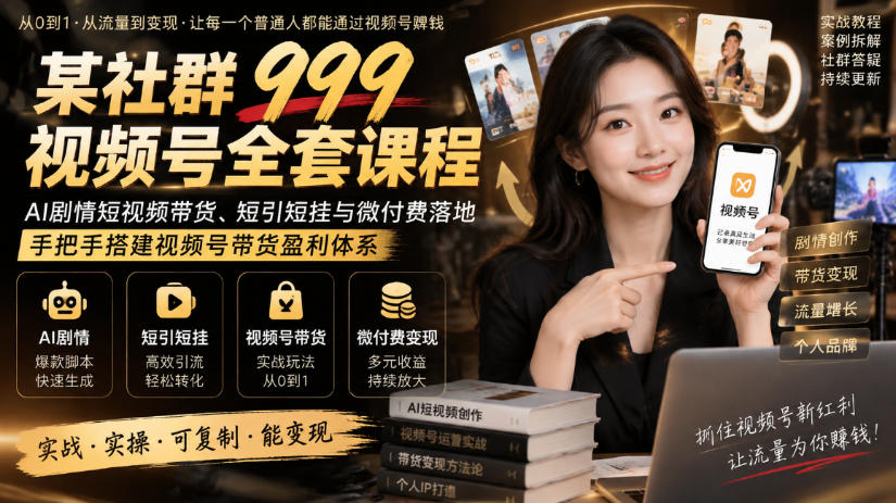 某社群999视频号全套课程，AI剧情短视频带货、短引短挂与微付费落地，手把手搭建视频号带货盈利体系-副业网