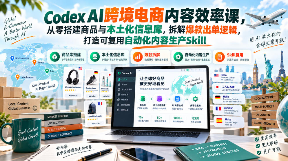 Codex AI跨境电商内容效率课，从零搭建商品与本土化信息库，拆解爆款出单逻辑，打造可复用自动化内容生产Skill-副业网
