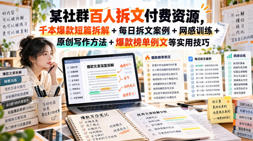 某社群百人拆文付费资源，千本爆款短篇拆解+每日拆文案例+网感训练+原创写作方法+爆款榜单例文等实用技巧(持续更新)-副业网