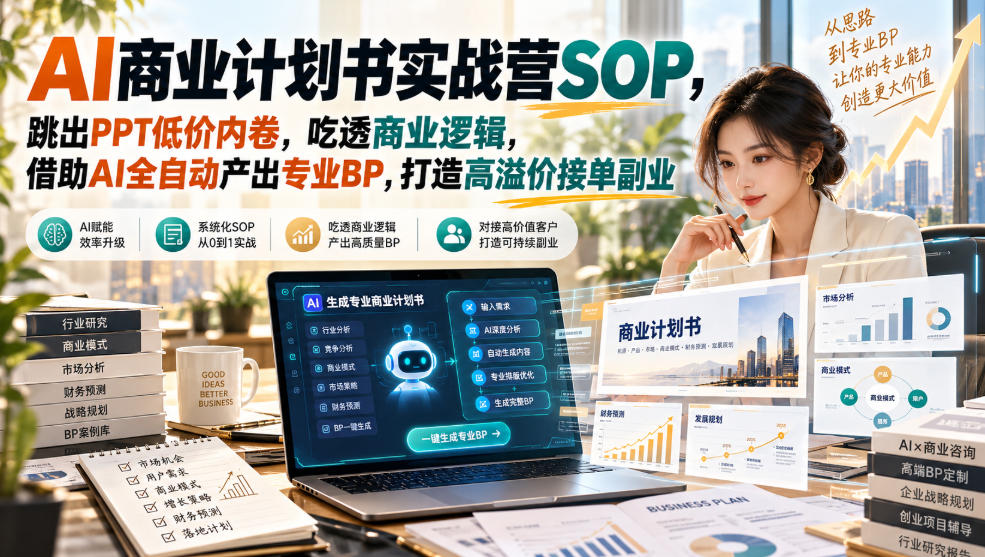 AI商业计划书实战营SOP，跳出PPT低价内卷，吃透商业逻辑，借助AI全自动产出专业BP，打造高溢价接单副业-副业网