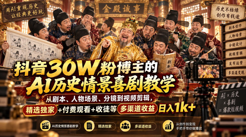 抖音30W粉博主的AI历史情景喜剧教学，从剧本、人物场景、分镜到视频剪辑，精选独家+付费观看+收徒等多渠道收益日入1k+-副业网