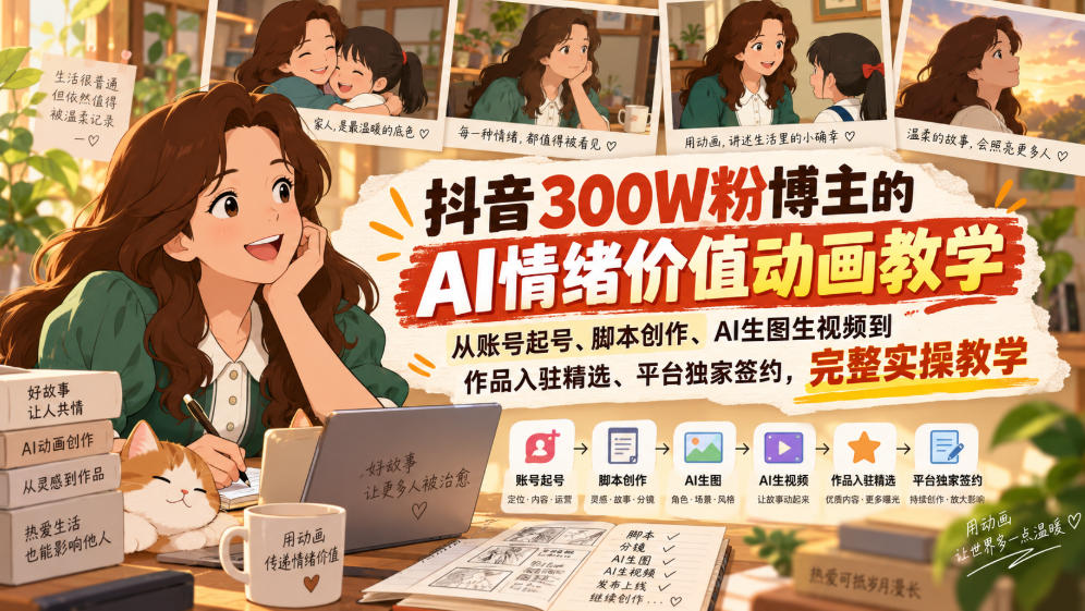 抖音300W粉博主的AI情绪价值动画教学，从账号起号、脚本创作、AI生图生视频到作品入驻精选、平台独家签约，完整实操-副业网