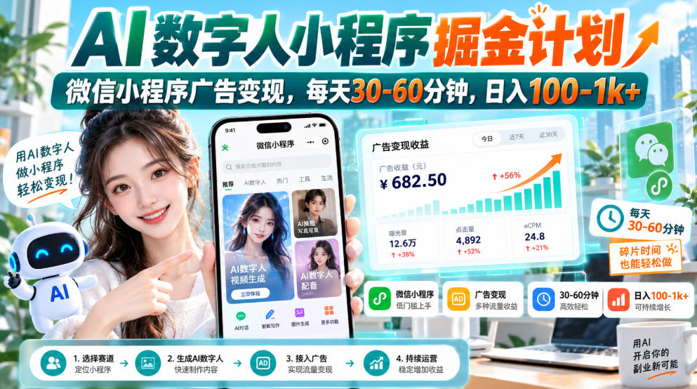 【无水印】AI数字人小程序掘金计划，微信小程序广告变现，每天30‑60分钟，日入100‑1k+-副业网