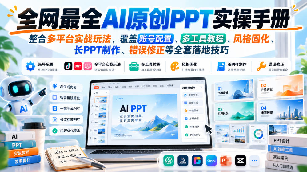 全网最全AI原创PPT实操手册，整合多平台实战玩法，覆盖账号配置、多工具教程、风格固化、长PPT制作、错误修正等全套落地技巧-副业网