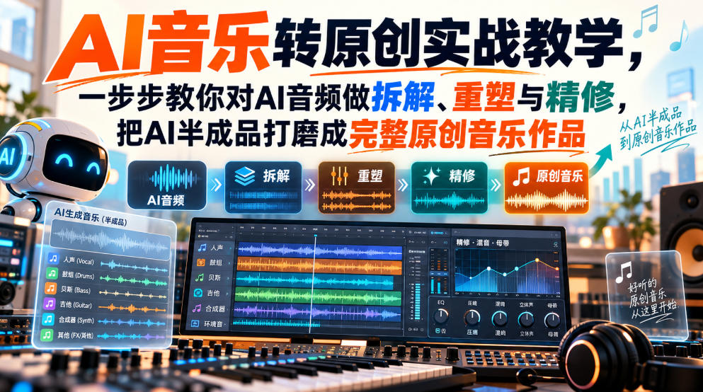AI音乐转原创实战教学，一步步教你对AI音频做拆解、重塑与精修，把AI半成品打磨成完整原创音乐作品-副业网