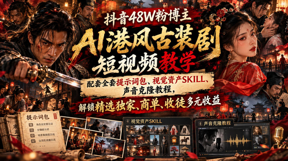 抖音48W粉博主AI港风古装剧短视频教学，配套全套提示词包、视觉资产SKILL、声音克隆教程，解锁精选独家、商单、收徒多元收益-副业网