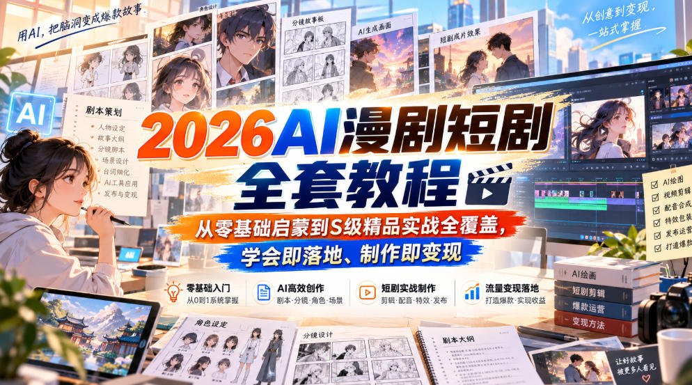 2026AI漫剧短剧全套教程，从零基础启蒙到S级精品实战全覆盖，学会即落地、制作即变现-副业网