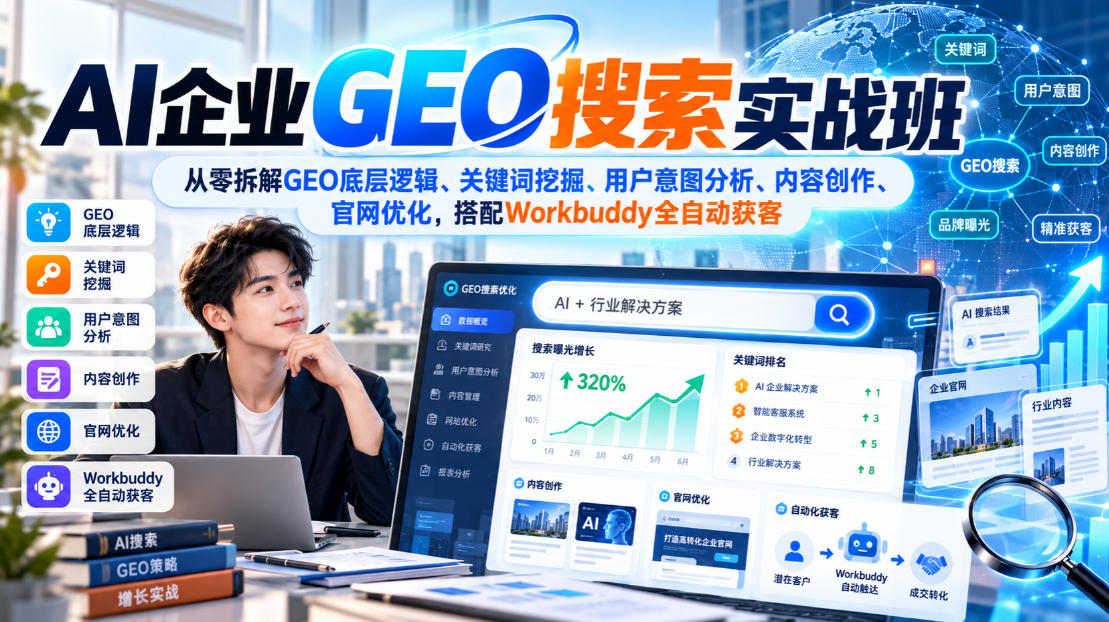 AI企业GEO搜索实战班，从零拆解GEO底层逻辑、关键词挖掘、用户意图分析、内容创作、官网优化，搭配Workbuddy全自动获客-副业网