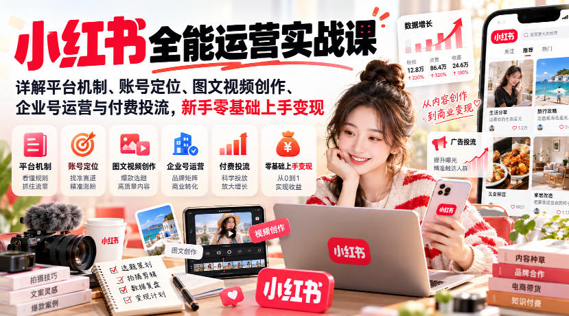小红书全能运营实战课，详解平台机制、账号定位、图文视频创作、企业号运营与付费投流，新手零基础上手变现-副业网