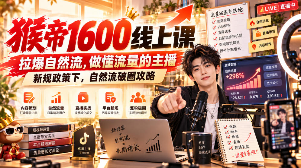 猴帝1600线上课，拉爆自然流，做懂流量的主播，新规政策下，自然流破圈攻略【更新260926】-副业网
