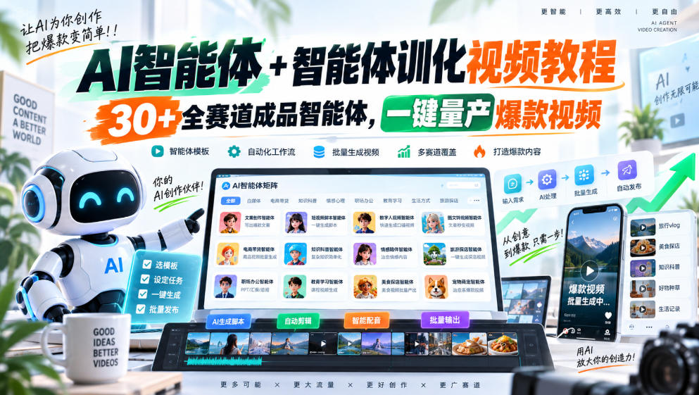【无水印】AI智能体+智能体训化视频教程，30+全赛道成品智能体，一键量产爆款视频【更新】-副业网