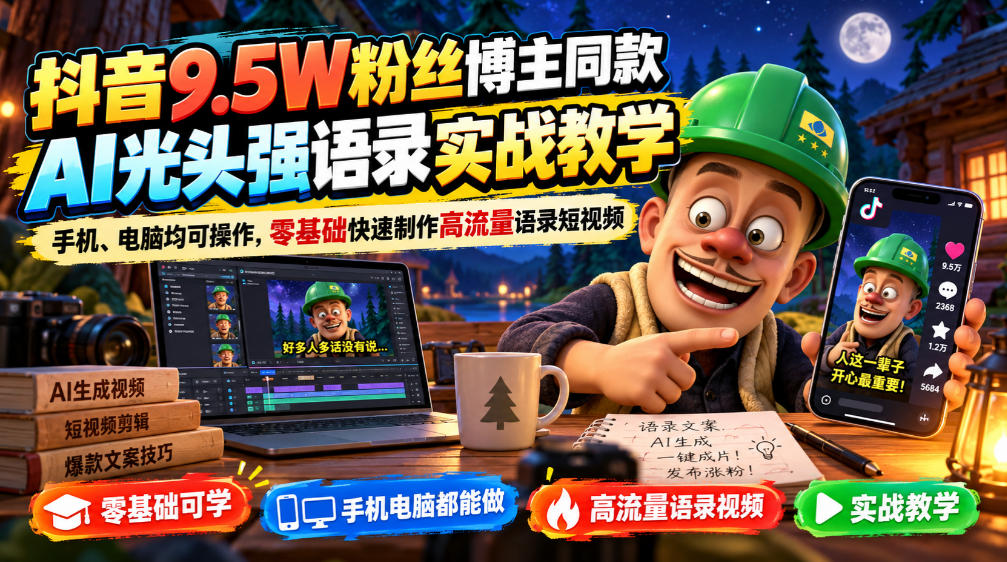 抖音9.5W粉丝博主同款AI光头强语录实战教学，手机、电脑均可操作，零基础快速制作高流量语录短视频-副业网
