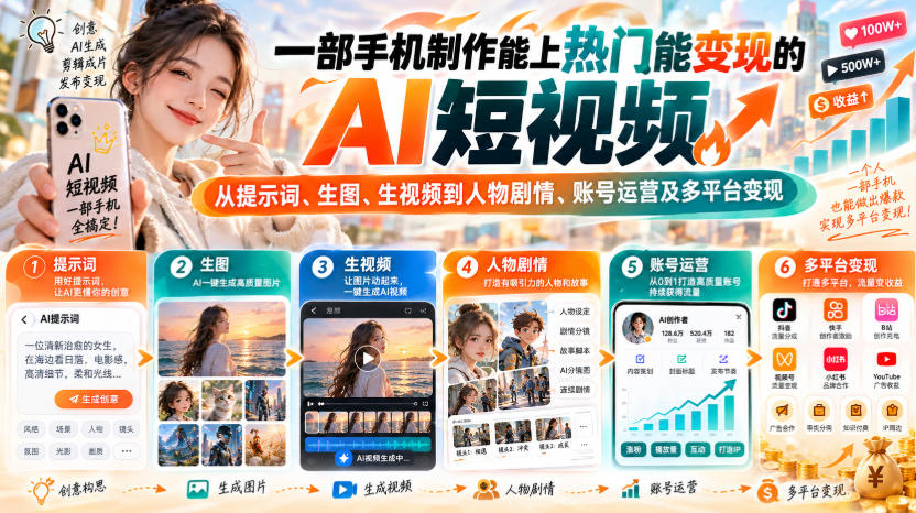 【无水印】一部手机制作能上热门能变现的AI短视频，从提示词、生图、生视频到人物剧情、账号运营及多平台变现-副业网