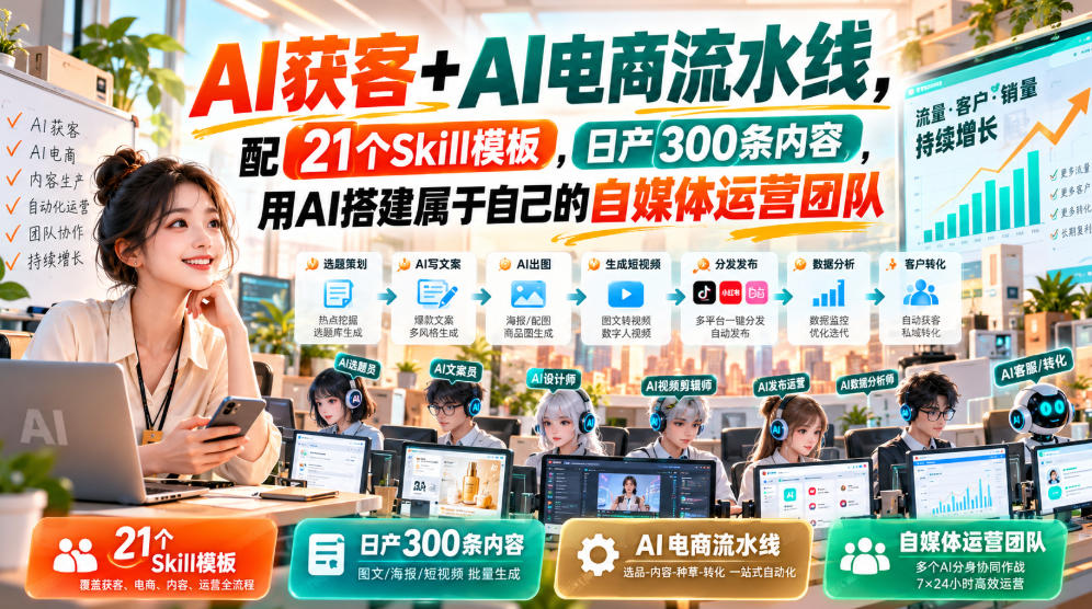 AI获客+AI电商流水线，配21个Skill模板，日产300条内容，用AI搭建属于自己的自媒体运营团队-副业网