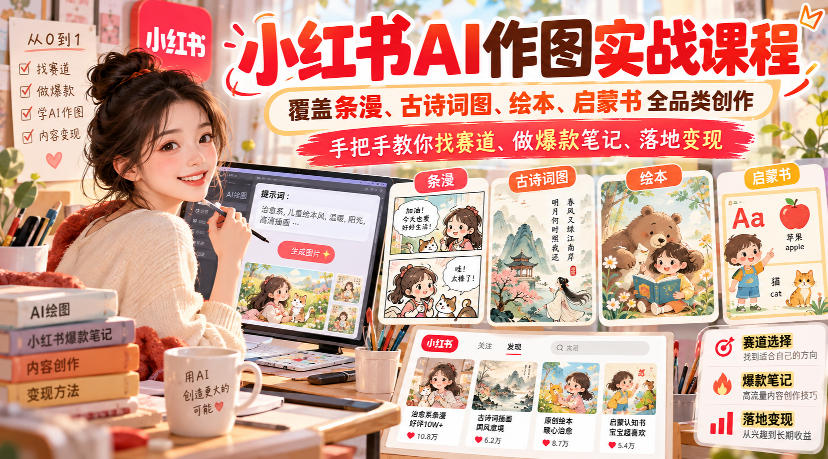 小红书AI作图实战课程，覆盖条漫、古诗词图、绘本、启蒙书全品类创作，手把手教你找赛道、做爆款笔记、落地变现-副业网