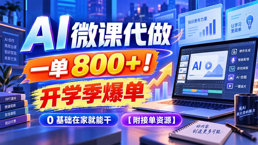 AI 微课代做，一单 800+！开学季爆单，0 基础在家就能干【附接单资源】-副业网