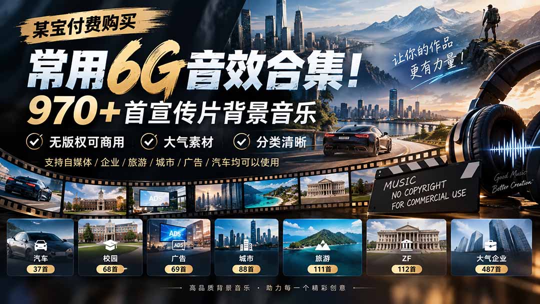 某宝付费购买，常用6G音效合集！970+首宣传片背景音乐，无版权可商用大气素材，分类清晰-副业网