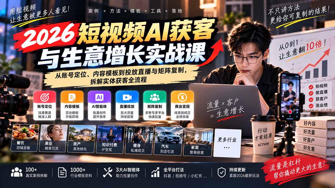 图片[2]-2026短视频AI获客与生意增长实战课：从账号定位、内容模板到投放直播与矩阵复制，拆解实体获客全流程-副业网