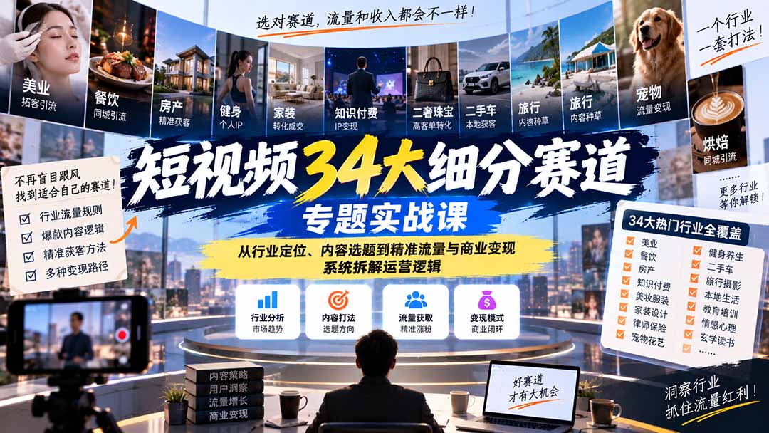 短视频34大细分赛道专题实战课：从行业定位、内容选题到精准流量与商业变现，系统拆解运营逻辑-副业网