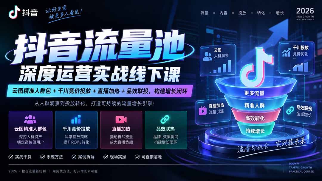抖音流量池深度运营实战线下课｜云图精准人群包+千川竞价投放+直播加热+品效联投，构建增长闭环-副业网