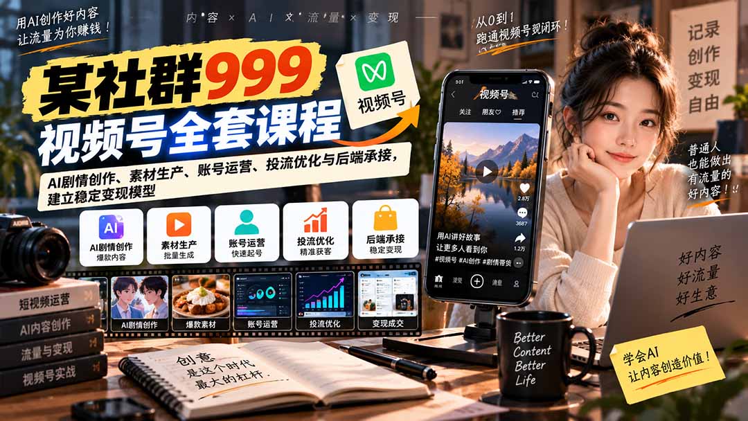 【无水印】某社群999视频号全套课程：AI剧情创作、素材生产、账号运营、投流优化与后端承接，建立稳定变现模型-副业网