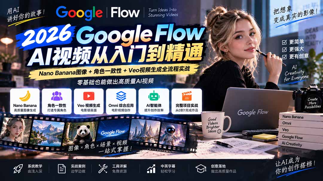 【无水印】Google Flow AI视频从入门到精通：Nano Banana图像+角色一致性+Veo视频生成全流程实战-精翻中英字幕-副业网
