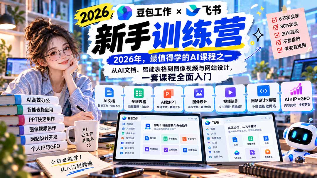 图片[2]-2026豆包工作+飞书新手训练营-9月新课：从AI文档、智能表格到图像视频与网站设计，一套课程全面入门-副业网