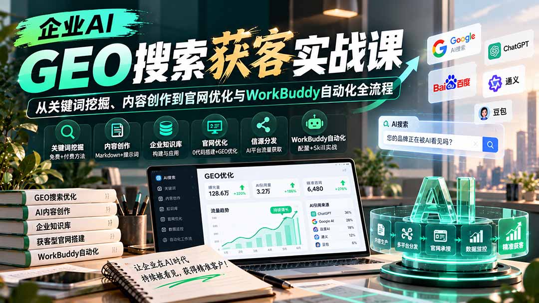企业AI GEO搜索获客实战课：从关键词挖掘、内容创作到官网优化与WorkBuddy自动化全流程-副业网