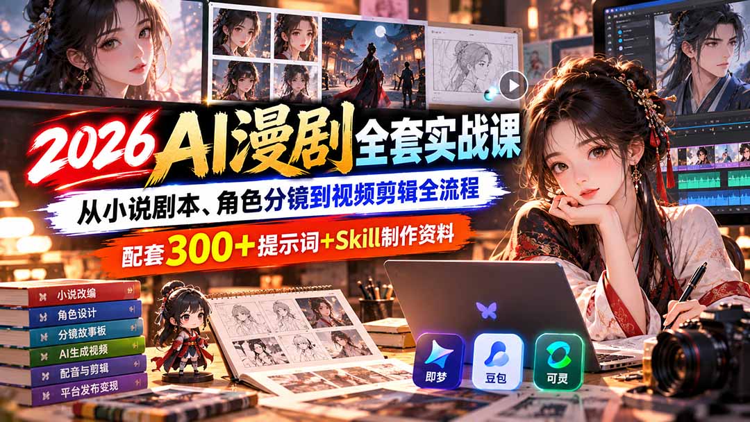 【无水印】2026AI漫剧全套实战课：从小说剧本、角色分镜到视频剪辑全流程，配套300+提示词+Skill制作资料-副业网