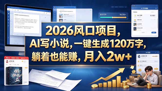 2026 风口项目，AI 写小说，一键生成 120 万字，躺着也能赚，月入 2w +-副业网