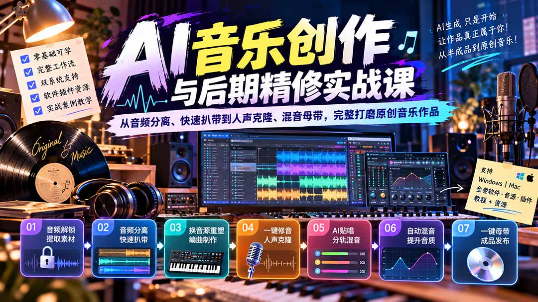 AI音乐创作与后期精修实战课：从音频分离、快速扒带到人声克隆、混音母带，完整打磨原创音乐作品-副业网
