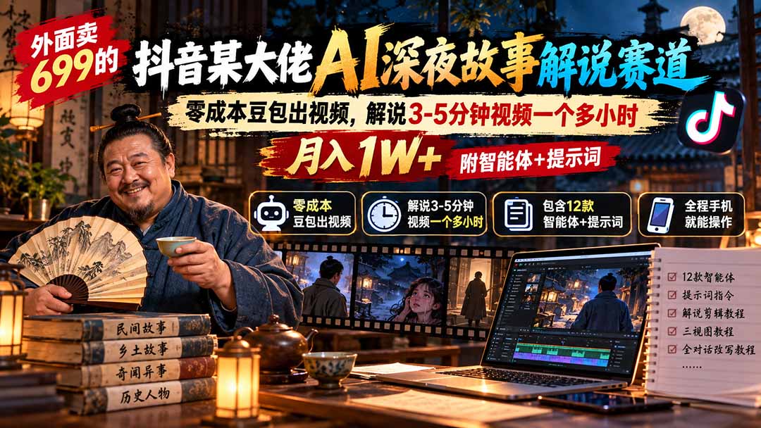 外面卖699的抖音某大佬AI深夜故事解说赛道：零成本豆包出视频，解说3-5分钟视频一个多小时，月入1W+附智能体+提示词-副业网